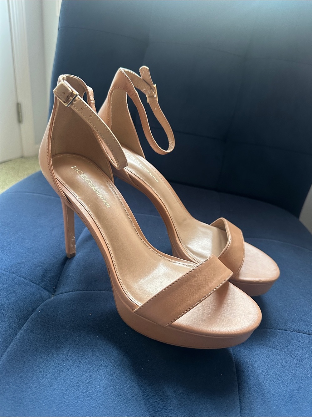 BCBG Tan High Heel Ankle Strap Stilletos Sz 9